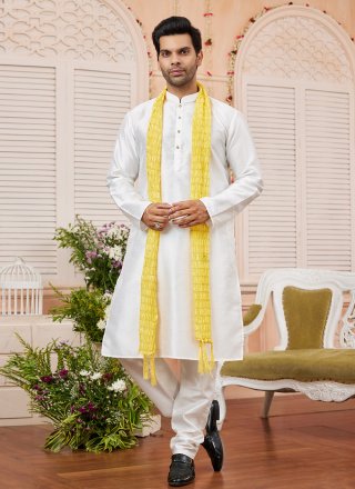 Men Cream Art Silk Plain Work Kurta Pyjama