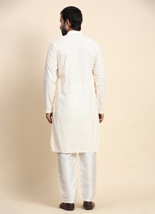 Men Cream Cotton Chikankari and Embroidered Work Kurta Pyjama