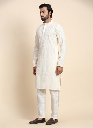 Men Cream Cotton Chikankari and Embroidered Work Kurta Pyjama