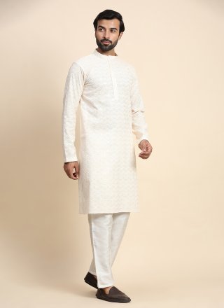 Men Cream Cotton Chikankari and Embroidered Work Kurta Pyjama