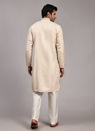 Men Cream Jacquard Woven Work Kurta Pyjama