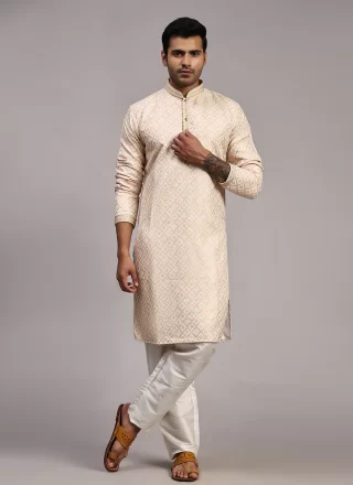 Men Cream Jacquard Woven Work Kurta Pyjama