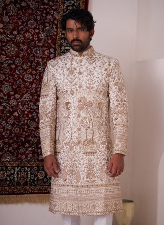 Men Cream Silk Embroidered Work Sherwani Mens Wear