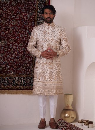 Men Cream Silk Embroidered Work Sherwani Mens Wear