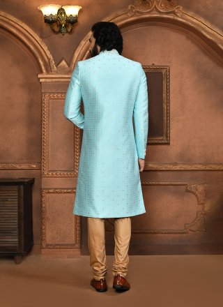 Men Firozi Art Silk Sherwani Mens Wear with Embroidered, Hand and Resham Work