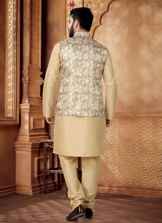 Men Gold and Green Jacquard Embroidered, Sequins and Thread Work Kurta Payjama with Jacket