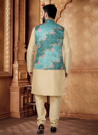 Men Gold and Green Jacquard Kurta Payjama with Jacket with Foil Print Work