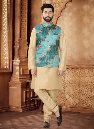 Men Gold and Green Jacquard Kurta Payjama with Jacket with Foil Print Work
