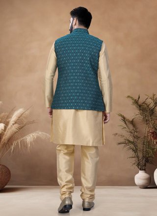 Men Gold and Morpeach Jacquard Embroidered, Sequins and Thread Work Kurta Payjama with Jacket