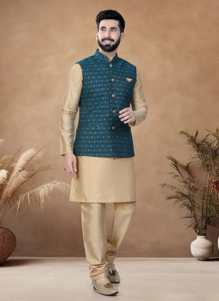 Men Gold and Morpeach Jacquard Embroidered, Sequins and Thread Work Kurta Payjama with Jacket