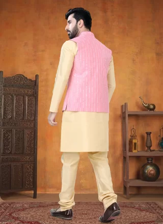 Men Gold and Pink Silk Print Work Kurta Payjama with Jacket