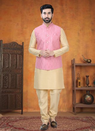 Men Gold and Pink Silk Print Work Kurta Payjama with Jacket