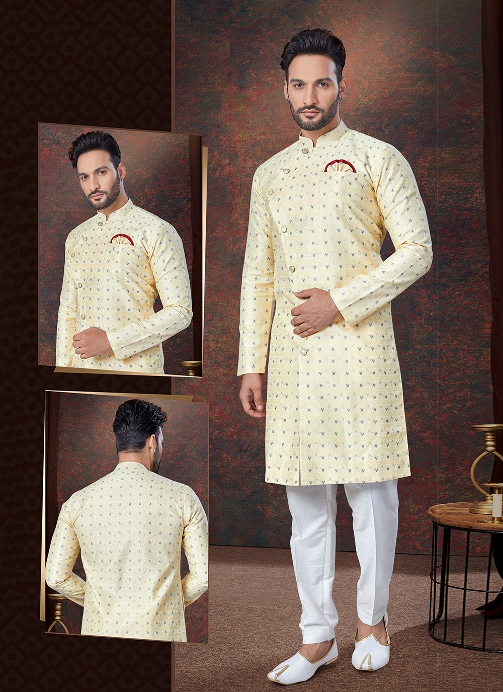 Buy Men Gold Jacquard Plain and Print Work Indo Western Online