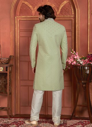 Men Green Georgette Sherwani Mens Wear with Embroidered and Hand Work