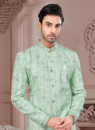 Men Green Imported Indo Western Sherwani with Digital Print and Machine Embroidery Work