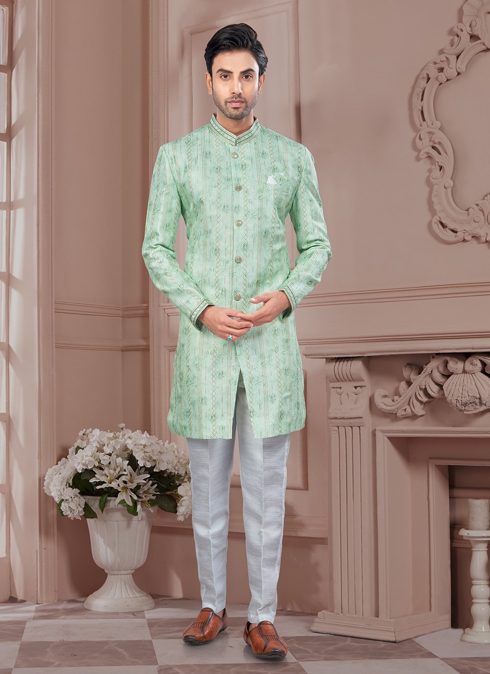 Buy Online Men Green Imported Indo Western Sherwani with Digital Print and Machine Embroidery Work 297363