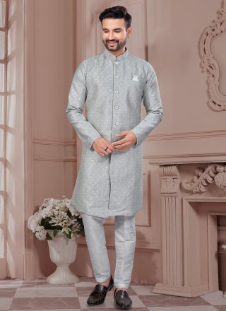 Men Green Jacquard Buttons, Sequins, Thread and Zari Work Indo Western Sherwani
