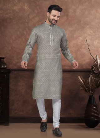 Men Green Jacquard Kurta Mens Wear with Digital Print Work