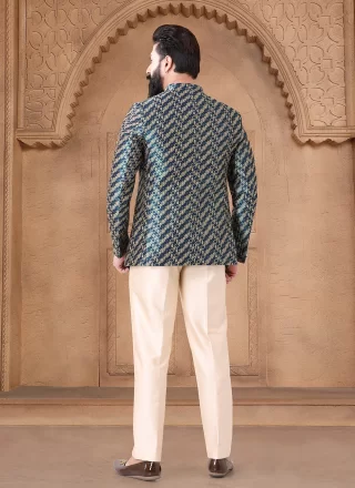 Men Green Jacquard Print Work Jodhpuri Suit