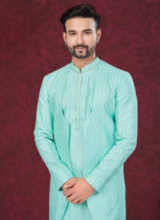 Men Green Silk Buttons, Machine Embroidery and Thread Work Sherwani Mens Wear