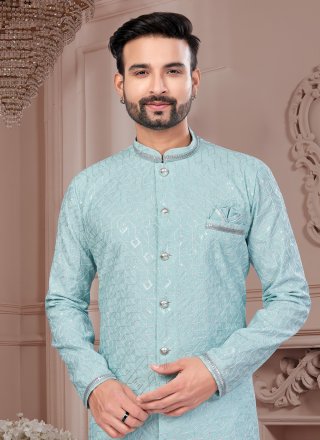 Men Green Silk Indo Western Sherwani with Buttons, Machine Embroidery and Thread Work