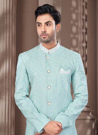 Men Green Silk Indo Western with Buttons, Machine Embroidery, Stone and Thread Work