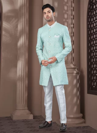 Men Green Silk Indo Western with Buttons, Machine Embroidery, Stone and Thread Work