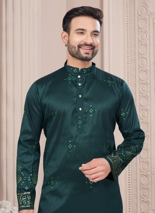 Men Green Silk Kurta Mens Wear with Machine Embroidery and Thread Work