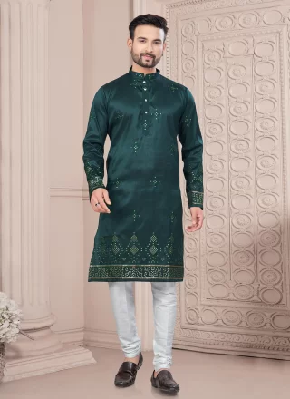 Men Green Silk Kurta Mens Wear with Machine Embroidery and Thread Work