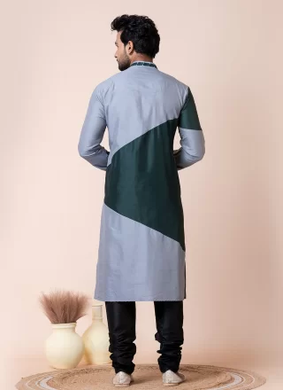 Men Grey and Rama Viscose Kurta Pyjama with Fancy Work