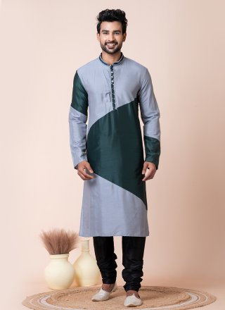 Men Grey and Rama Viscose Kurta Pyjama with Fancy Work