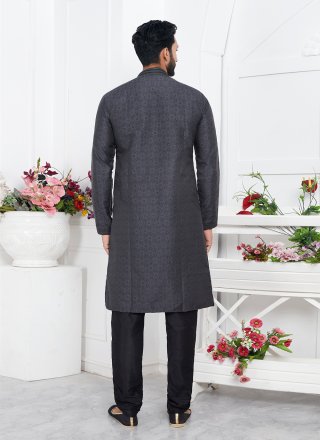 Men Grey Brocade Pintex Work Kurta Pyjama