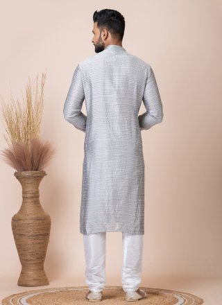 Men Grey Jacquard Silk Print Work Kurta Pyjama