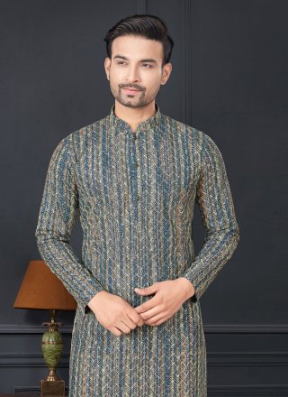 Men Grey Rayon Digital Print and Lucknowi Work Work Kurta Pyjama