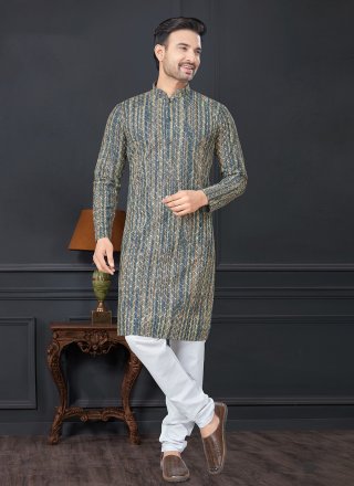 Men Grey Rayon Digital Print and Lucknowi Work Work Kurta Pyjama