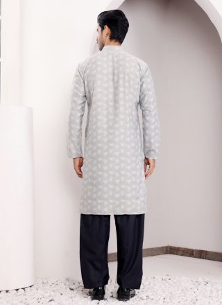 Men Grey Viscose Kurta Mens Wear with Jacquard and Woven Work