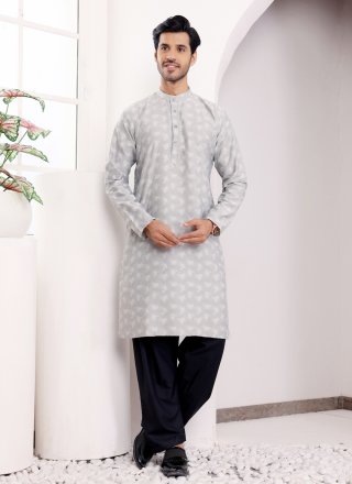 Men Grey Viscose Kurta Mens Wear with Jacquard and Woven Work