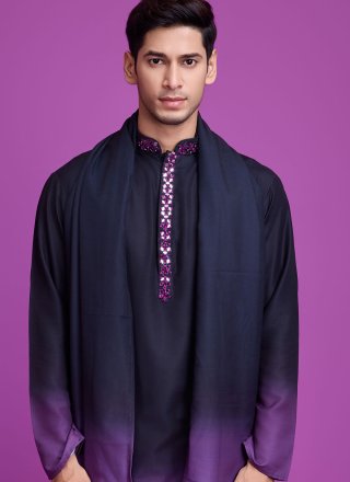 Men Lavender and Blue Rayon Kurta Mens Wear with Mirror and Thread Work