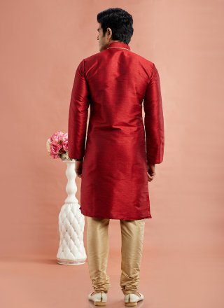 Men Maroon Art Banarasi Silk Machine Embroidery Work Kurta Pyjama