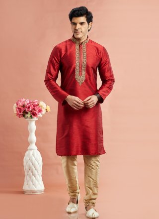 Men Maroon Art Banarasi Silk Machine Embroidery Work Kurta Pyjama