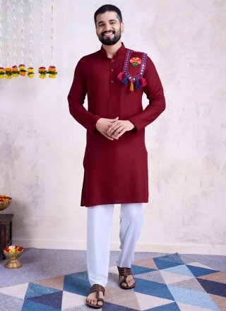Men Maroon Rayon Embroidered and Mirror Work Kurta Mens Wear