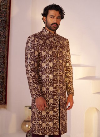 Men Maroon Silk Embroidered Work Sherwani Mens Wear