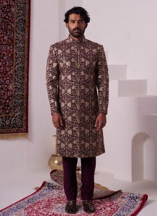 Men Maroon Silk Embroidered Work Sherwani Mens Wear
