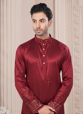 Men Maroon Silk Machine Embroidery and Thread Work Kurta Mens Wear