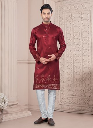 Men Maroon Silk Machine Embroidery and Thread Work Kurta Mens Wear