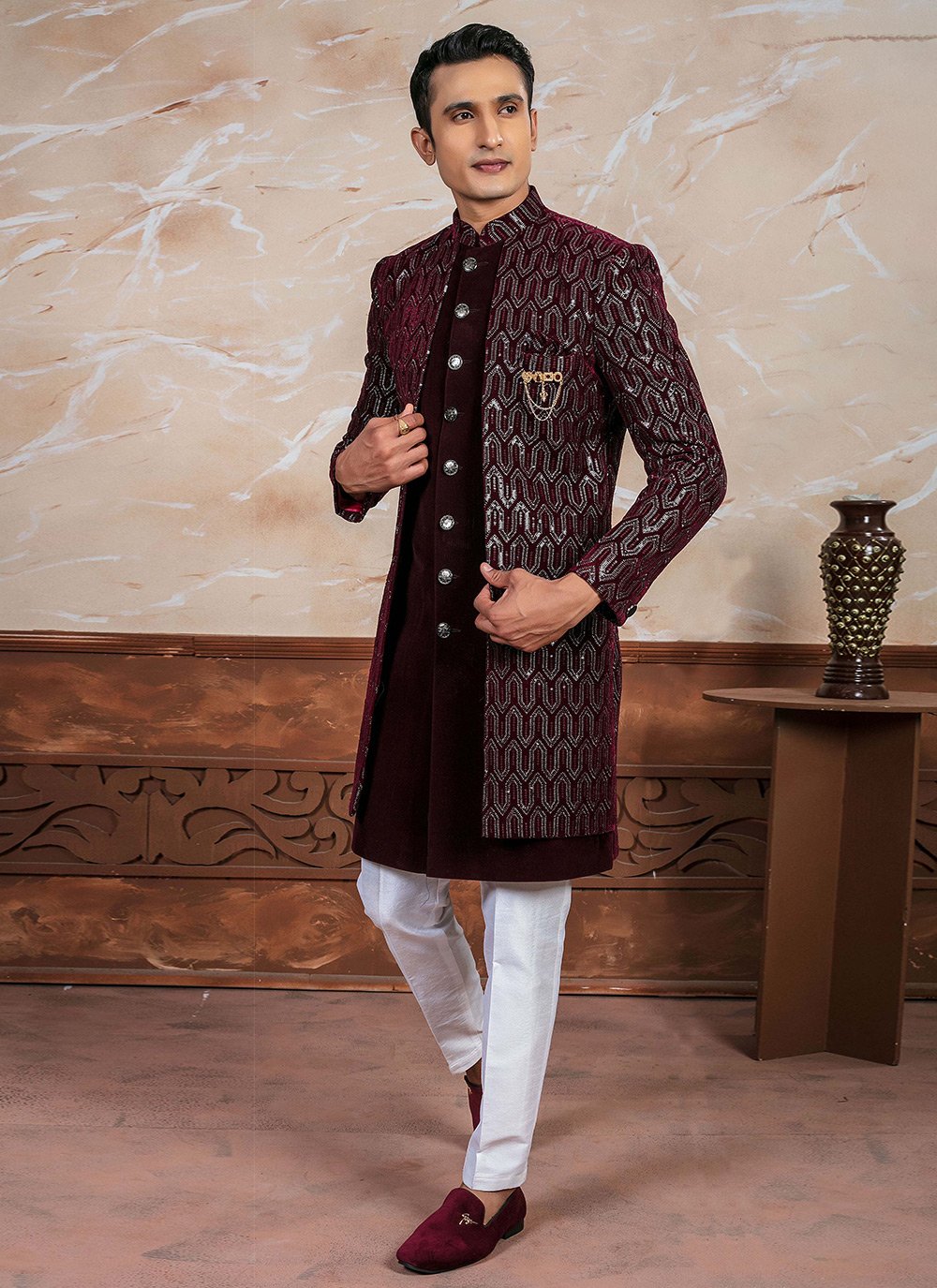 Shop Online Men Maroon Velvet Embroidered Work Indo Western 295925