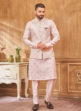Men Multi Colour and Pink Art Silk Kurta Payjama with Jacket with Embroidered Work