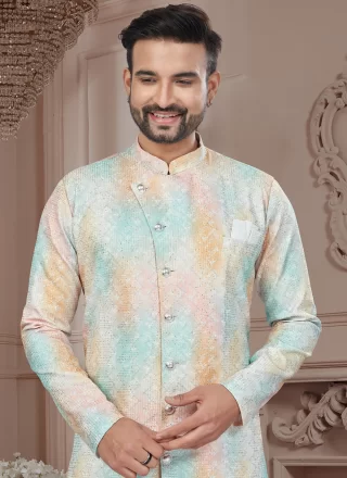 Men Multi Colour Imported Buttons, Digital Print, Machine Embroidery and Stone Work Indo Western Sherwani