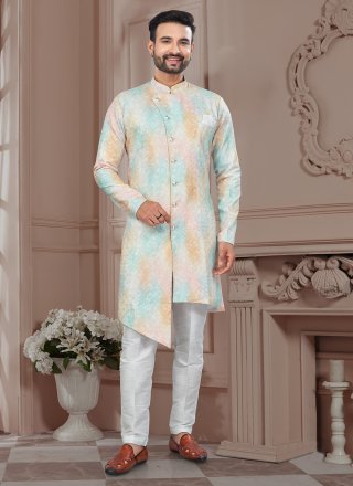 Men Multi Colour Imported Buttons, Digital Print, Machine Embroidery and Stone Work Indo Western Sherwani