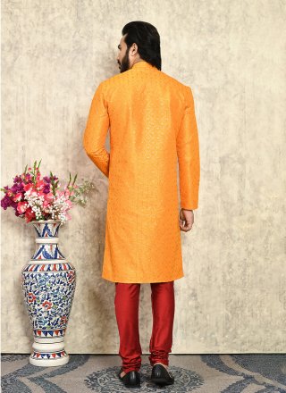 Men Mustard Art Silk Kurta Pyjama In Plain